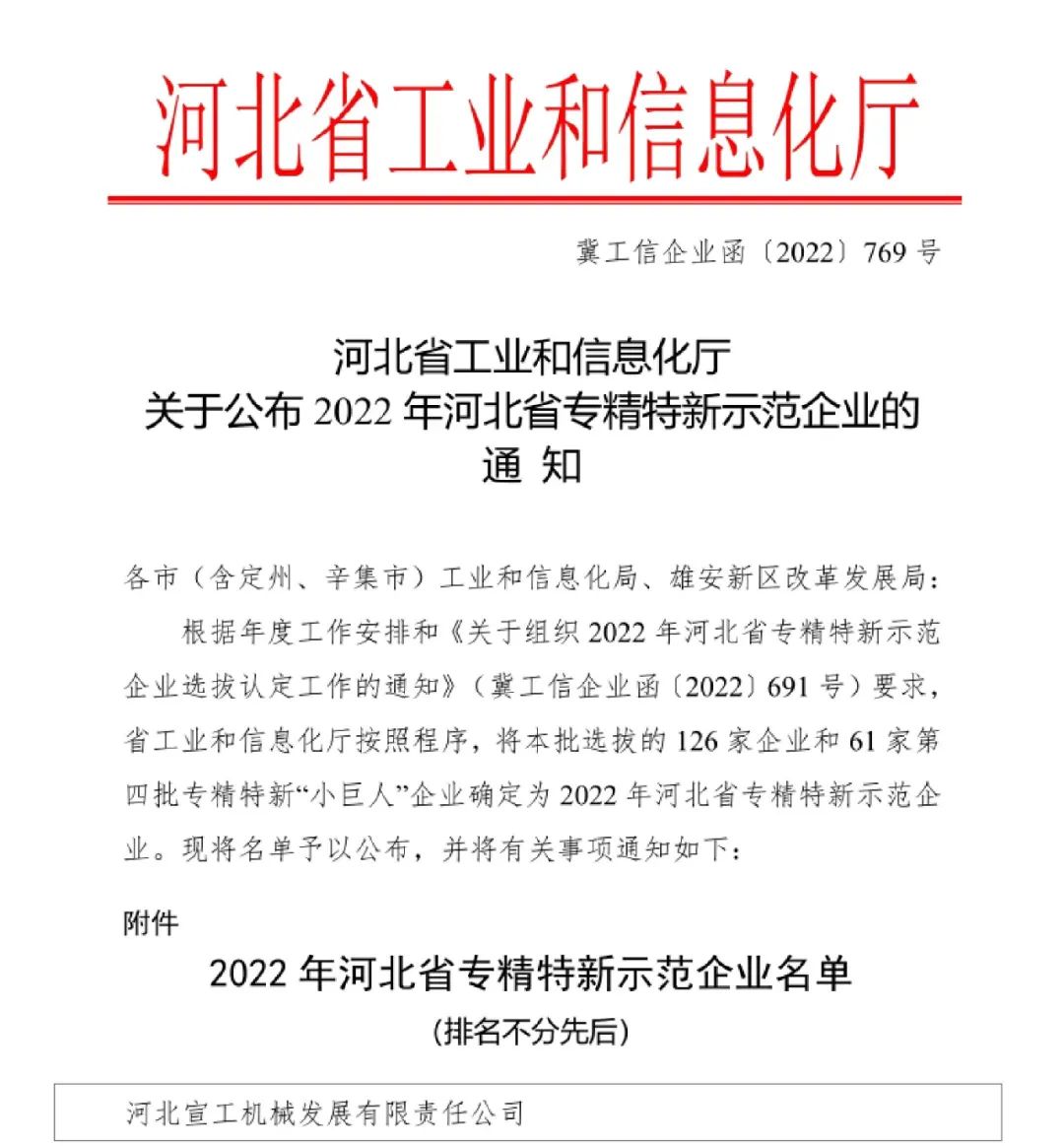 Dahe Xuangong Equipment Co., Ltd. was awarded the provincial "specialized, special and new" demonstration enterprise