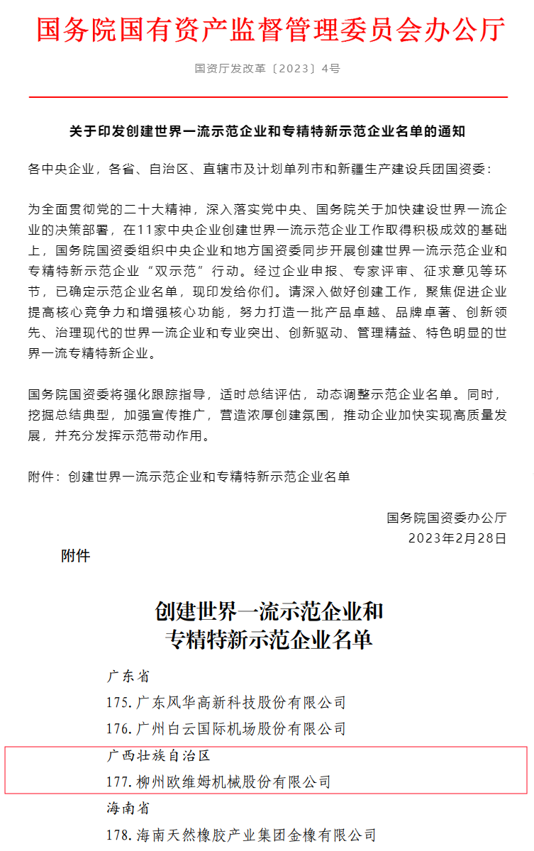 Only one in Guangxi! Liugong Owim was selected as "Creating a World-class Specialized, Special and New Demonstration Enterprise"