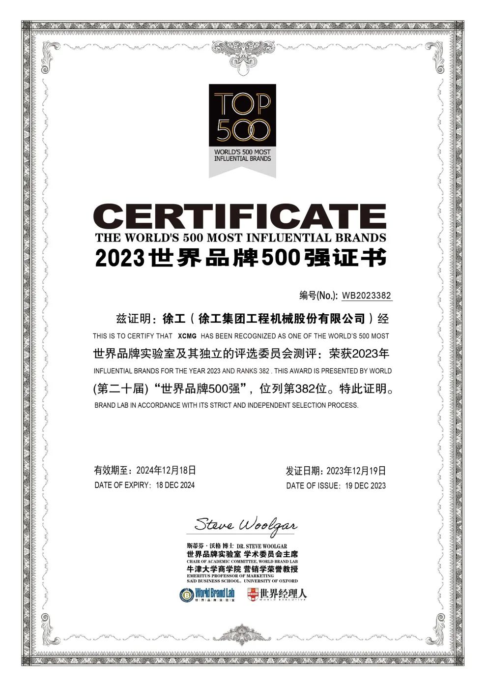 XCMG, China Brand Annual Award Construction Machinery No.1